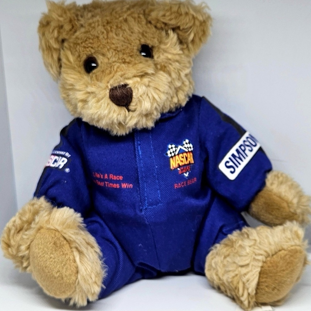 Vintage NASCAR Plush Bear Stuffed Animal Teddy Bar Blue Outfit Memorabilia 8”